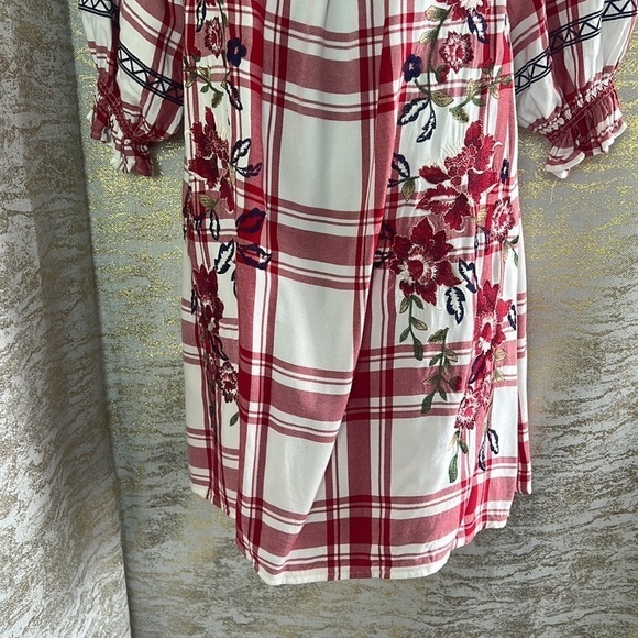 Zara Red Check Dress With Floral Embroidery Off Shoulder Dress Size S - Picture 8 of 17
